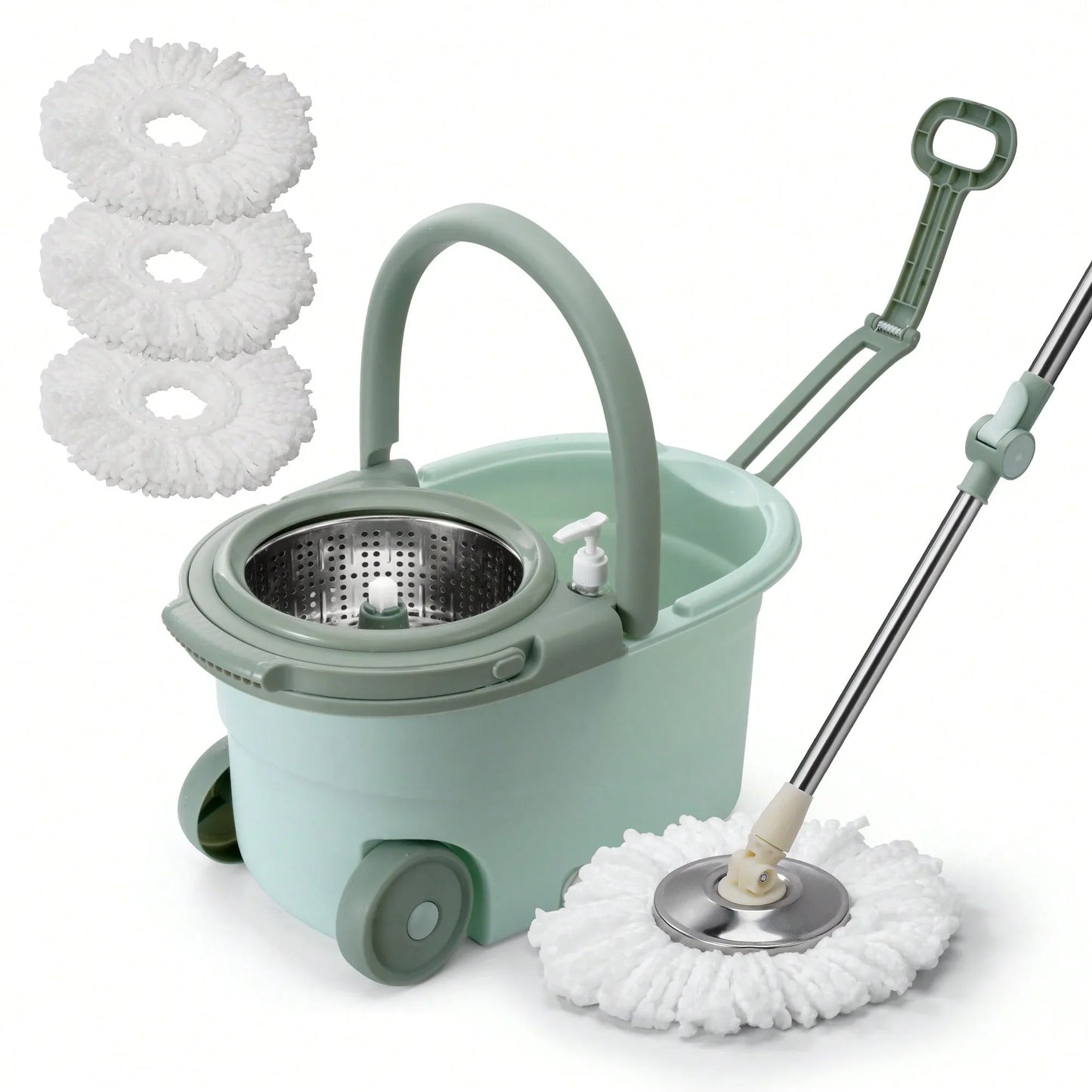 Spin Mop & Bucket Set for Floor Cleaning – 360° Rotation, Built-In Soap Dispenser, Stainless Steel Handle, 2 Reusable Heads