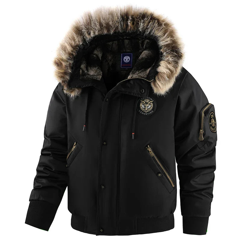 Men’s Oversized Black Aviator Winter Jacket – Detachable Faux Fur Hood, Embroidered Badge, Windproof Coat with Zipper Pockets