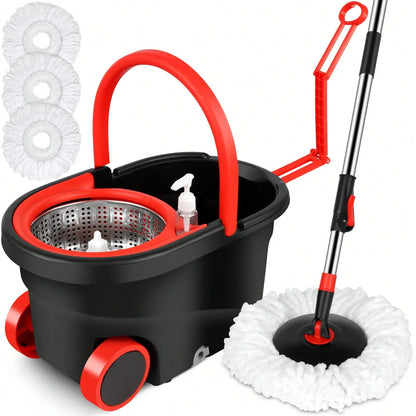 Spin Mop & Bucket Set for Floor Cleaning – 360° Rotation, Built-In Soap Dispenser, Stainless Steel Handle, 2 Reusable Heads