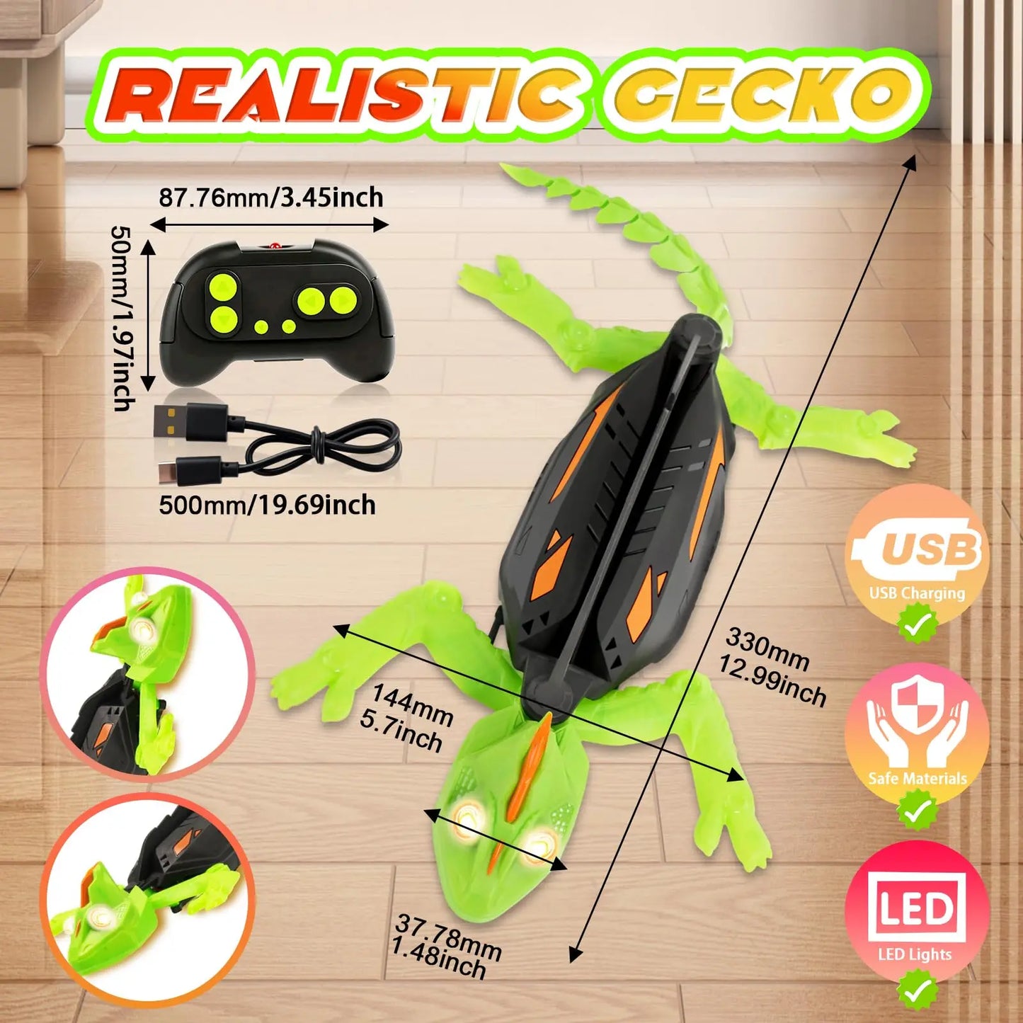 Wall Climbing RC Gecko Toy, Rechargeable Remote Control Lizard with LED Eyes, Dual Mode Floor & Wall Climbing Toy Gift for Kids
