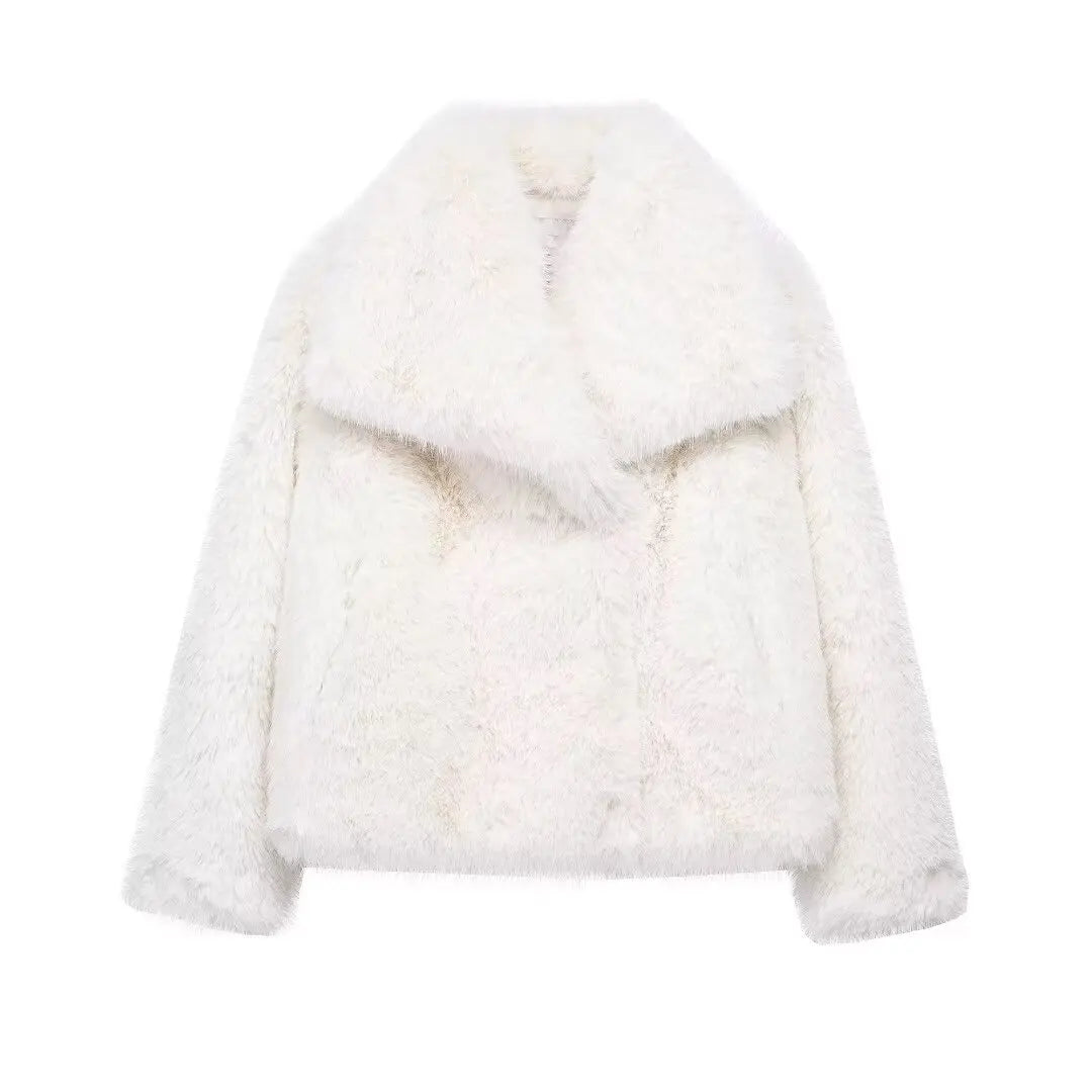 Women’s Cropped Faux Fur Jacket – Plush Lapel Collar Snap-Button Coat, Long Sleeve Winter Outerwear