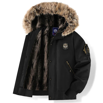 Men’s Oversized Black Aviator Winter Jacket – Detachable Faux Fur Hood, Embroidered Badge, Windproof Coat with Zipper Pockets