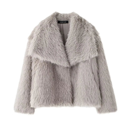 Women’s Cropped Faux Fur Jacket – Plush Lapel Collar Snap-Button Coat, Long Sleeve Winter Outerwear