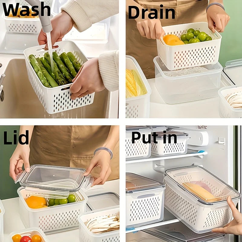 3-Pack Produce Storage Containers for Fridge – 4-in-1 Fruit & Vegetable Bins with Lids and Removable Colanders, Leakproof Fresh Keeper Organizer Set