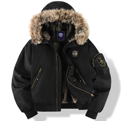 Men’s Oversized Black Aviator Winter Jacket – Detachable Faux Fur Hood, Embroidered Badge, Windproof Coat with Zipper Pockets