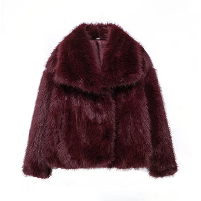 Women’s Cropped Faux Fur Jacket – Plush Lapel Collar Snap-Button Coat, Long Sleeve Winter Outerwear