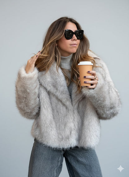 Women’s Cropped Faux Fur Jacket – Plush Lapel Collar Snap-Button Coat, Long Sleeve Winter Outerwear